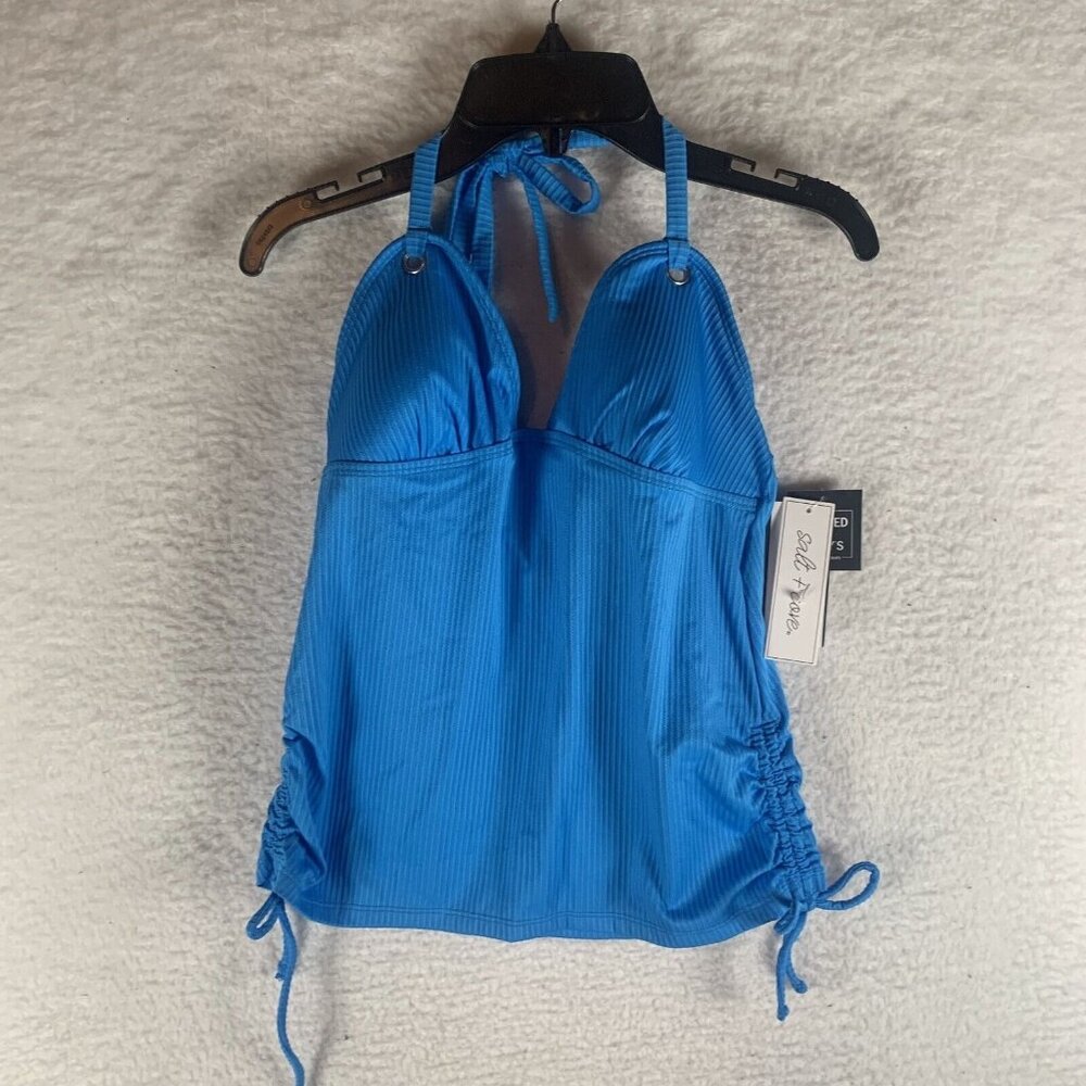 Salt + Cove Tankini Top Women's Medium Blue Stretch Ribbed Shirred Halter S9457